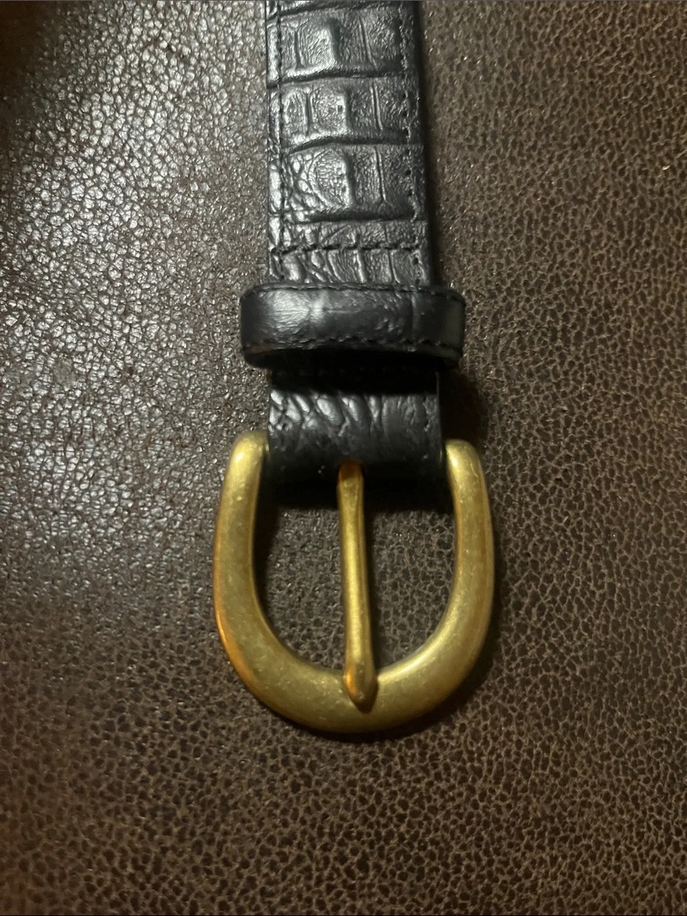 Brighton Black Croc-Embossed Leather Belt with Brass Oval Buckle